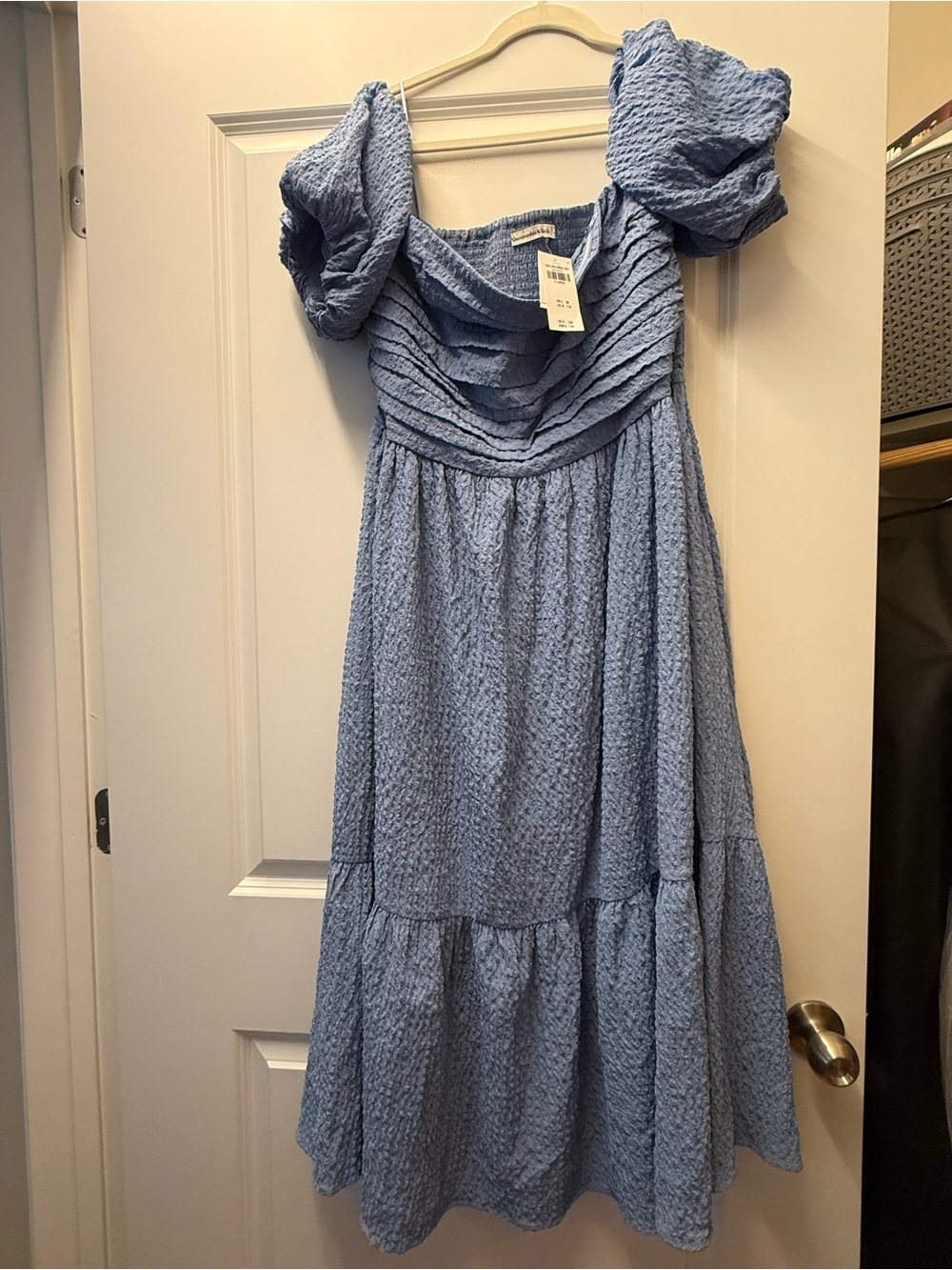Abercrombie & Fitch Powder Blue Textured Puff-Sleeve Midi Dress